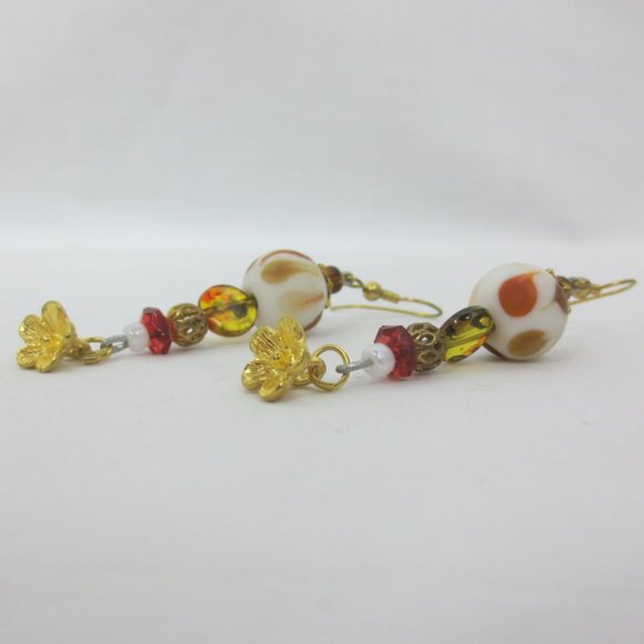 New Earthy Ceramic Goldtone Floral Dangle Earrings - Picture 3 of 6